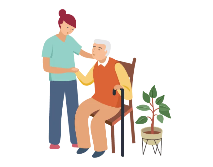 Illustration d'une dame aidant un monsieur âgé avec une canne.