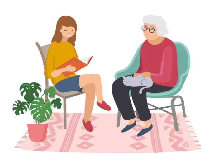 Illustration d'une jeune femme faisant la lecture une dame âgée.